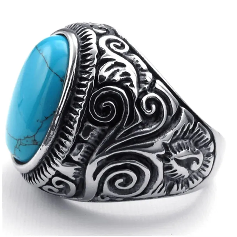 Men Stainless Steel Turquoise Ring Classic Vintage Blue Silver