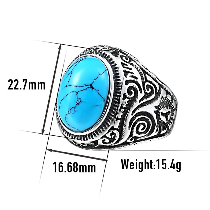 Men Stainless Steel Turquoise Ring Classic Vintage Blue Silver