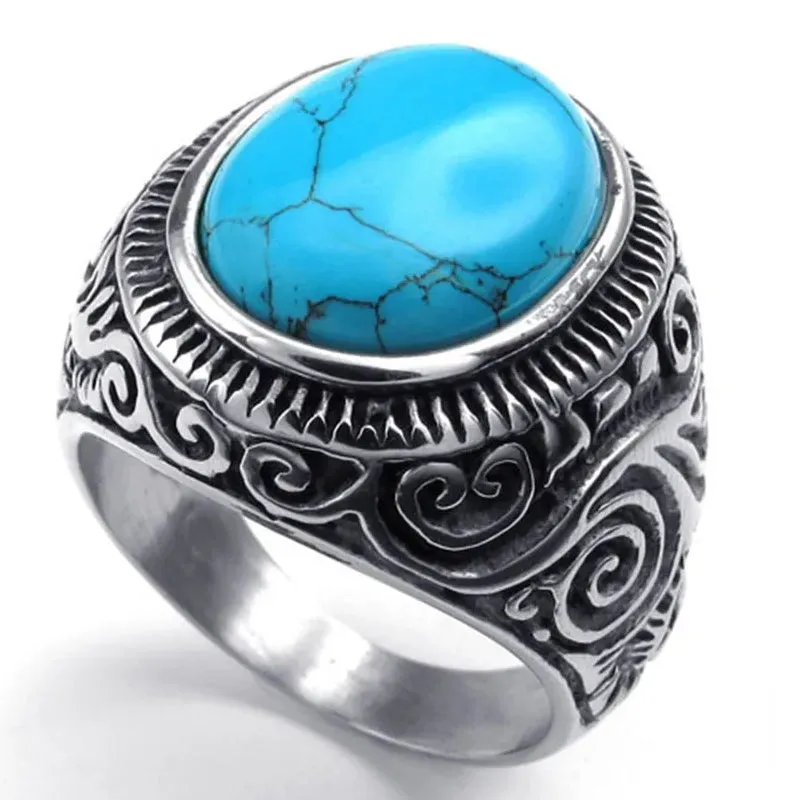 Men Stainless Steel Turquoise Ring Classic Vintage Blue Silver