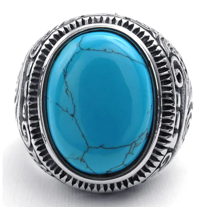 Men Stainless Steel Turquoise Ring Classic Vintage Blue Silver