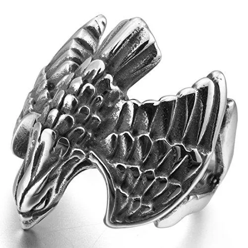 Men's Stainless Steel Ring Silver Tone Black Eagle Hawk