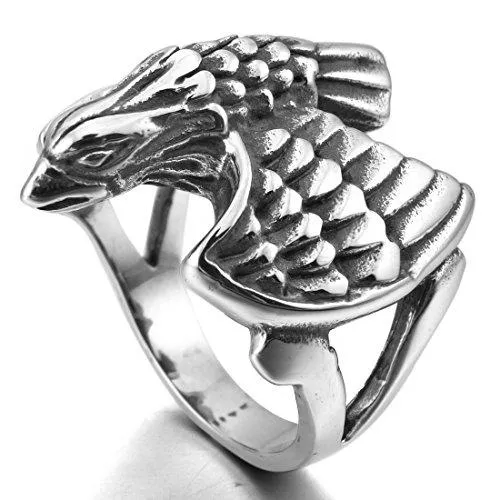 Men's Stainless Steel Ring Silver Tone Black Eagle Hawk