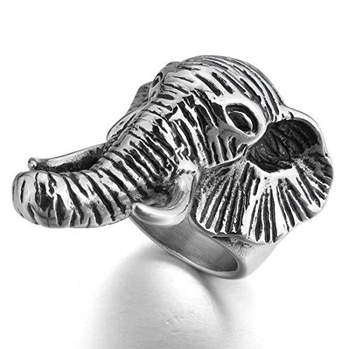 Men's Stainless Steel Ring Silver Tone Black Elephant