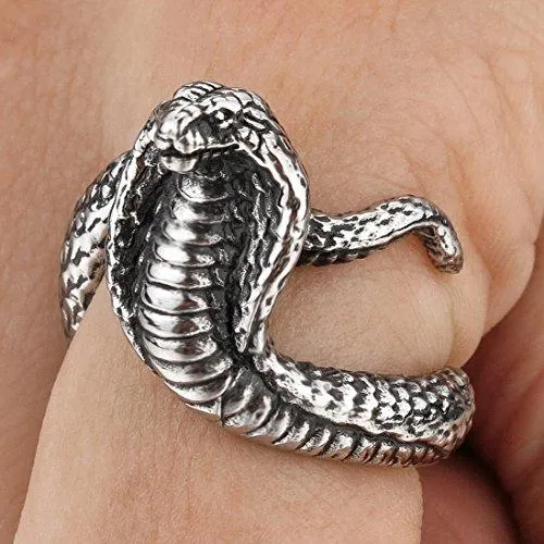 Men's Stainless Steel Ring Silver Tone Black Snake Cobra