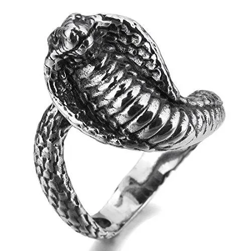 Men's Stainless Steel Ring Silver Tone Black Snake Cobra