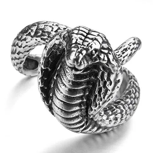 Men's Stainless Steel Ring Silver Tone Black Snake Cobra