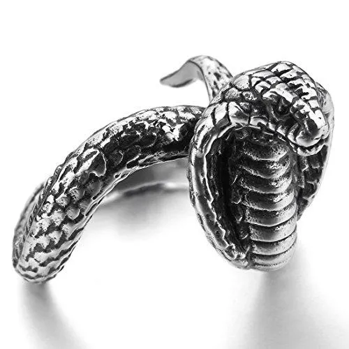 Men's Stainless Steel Ring Silver Tone Black Snake Cobra