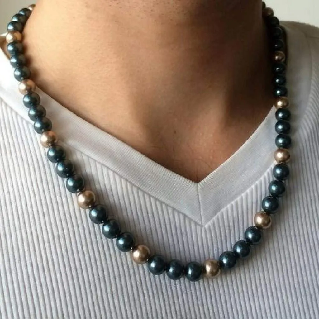 Mens Tahitian Blue and Gold Swarovski Beaded Necklace