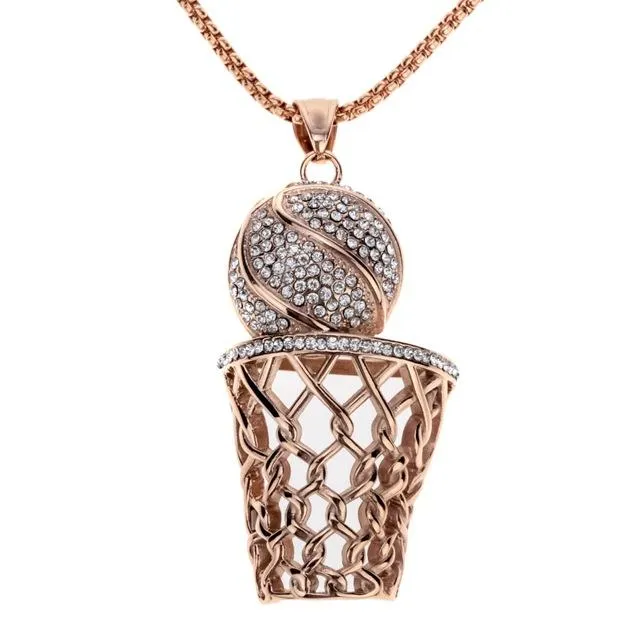 Metallic Basketball and Hoop Crystal Pendant Necklace