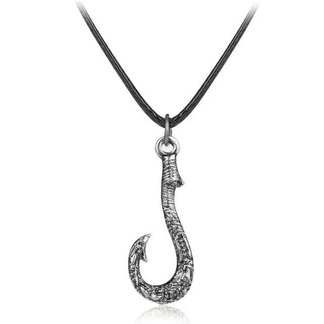 Metallic Fish Hook Pendant with Leather Rope Necklace