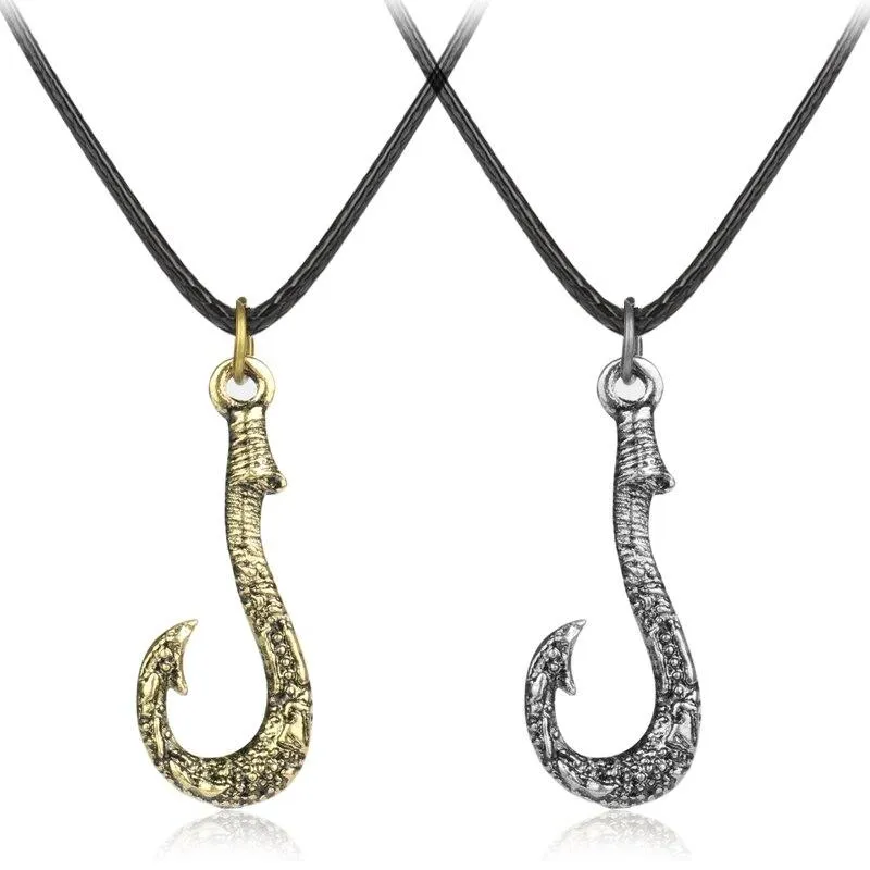 Metallic Fish Hook Pendant with Leather Rope Necklace