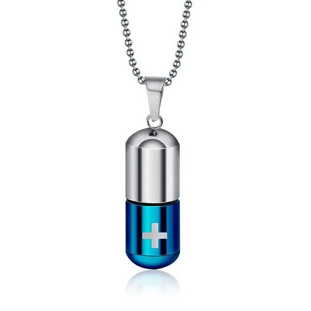 Metallic Pill Memorial Urn Pendant with Ball Chain Necklace