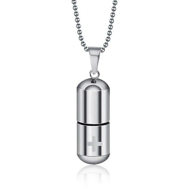 Metallic Pill Memorial Urn Pendant with Ball Chain Necklace