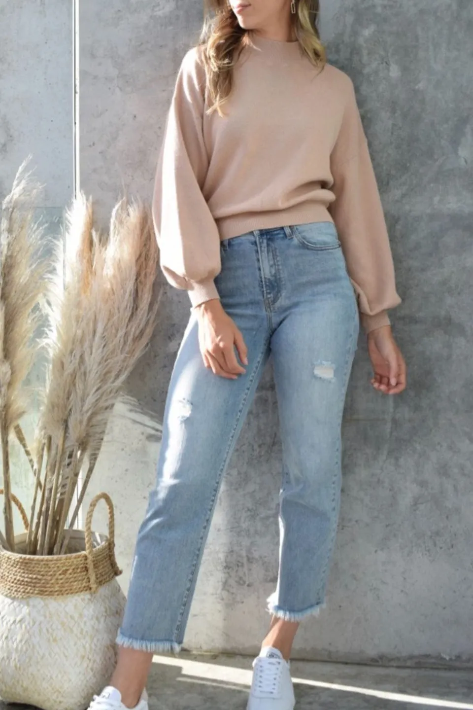 Motivation Sand Cotton Fine Knit Boxy Jumper