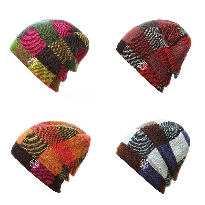 Multicolored Checkered Embroidered Knit Winter Hat, Beanie or Bonnet