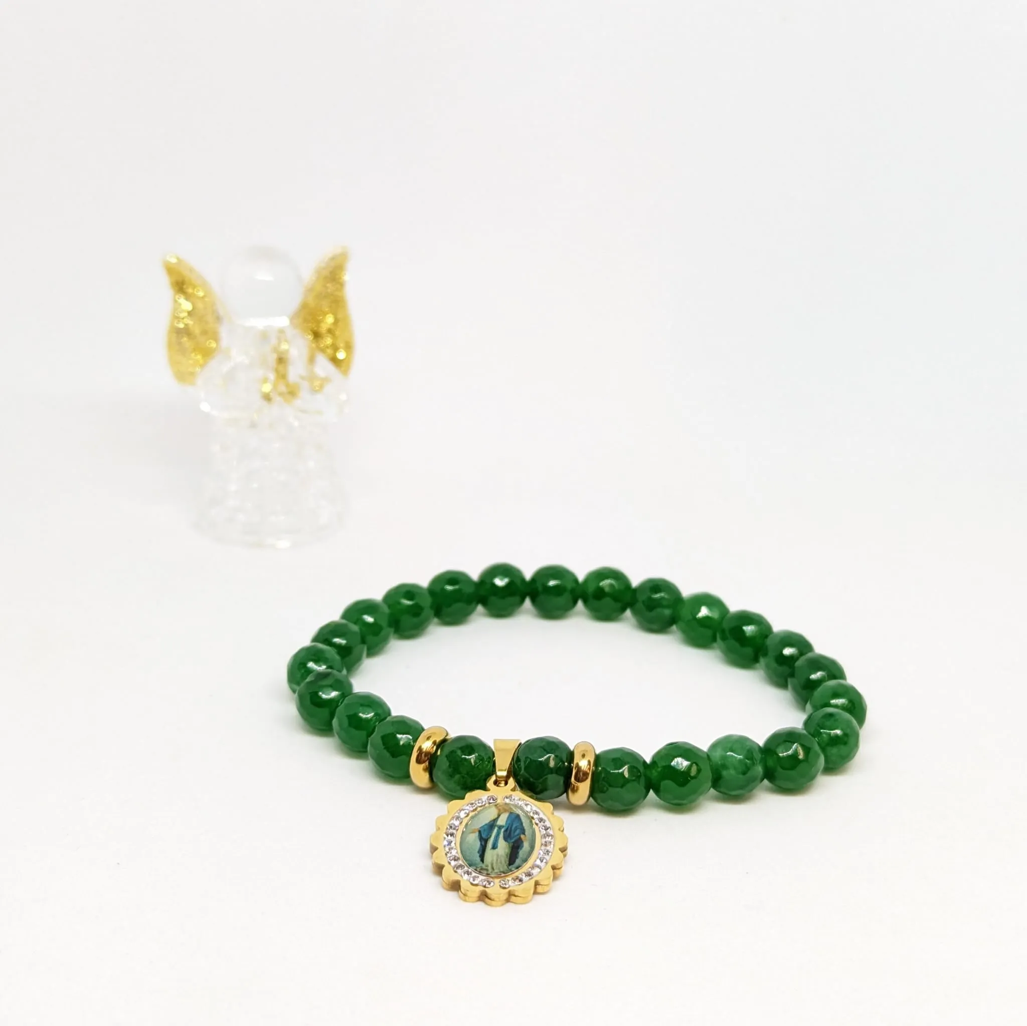 Natural Green Stone Bracelet with Golden Stainless Steel Miraculous Medal