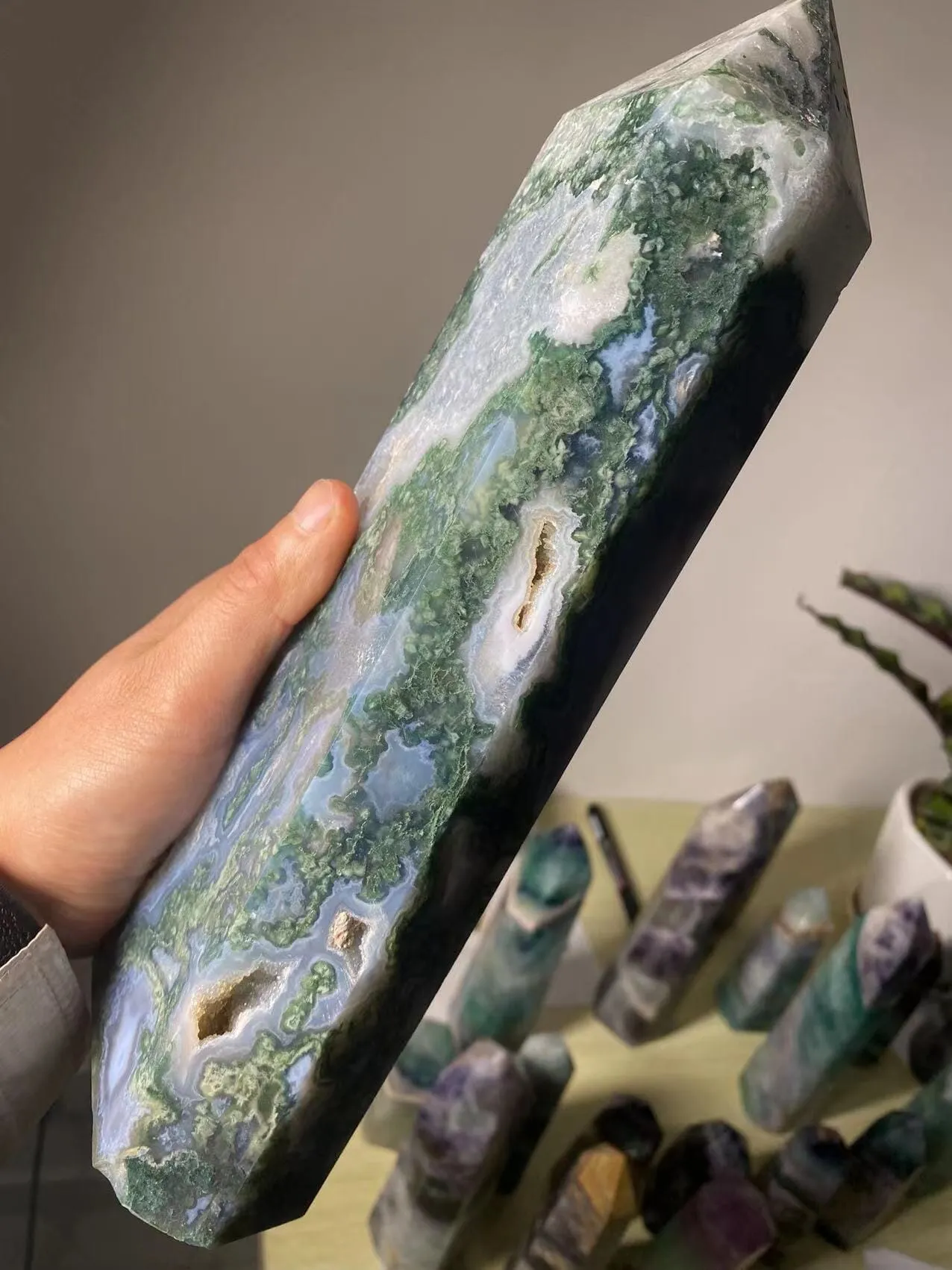 Natural Large Moss agate Crystal Tower