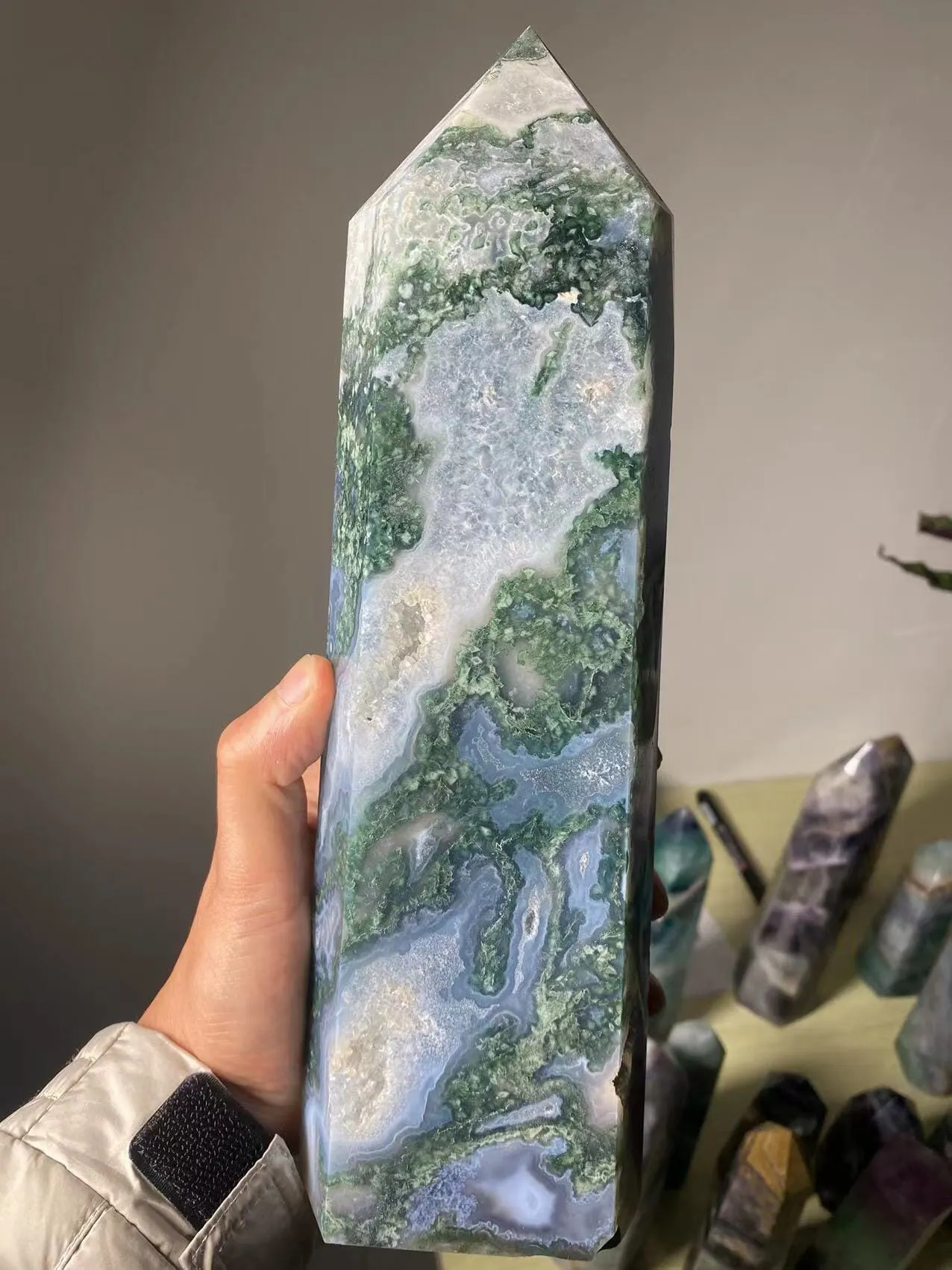 Natural Large Moss agate Crystal Tower