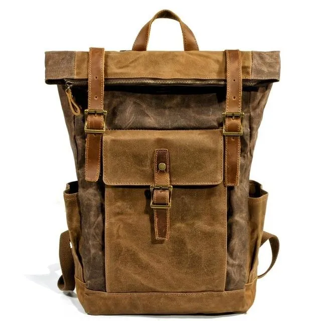 Oil Waxed Vintage Canvas and Genuine Leather Waterproof Travel Backpack