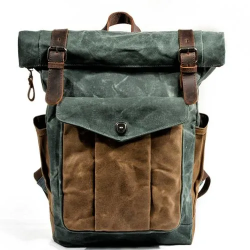 Oil Waxed Vintage Canvas and Genuine Leather Waterproof Travel Backpack