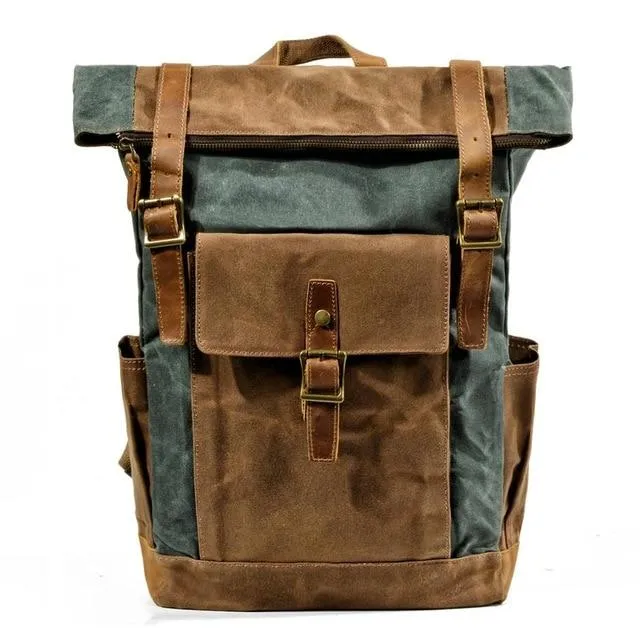 Oil Waxed Vintage Canvas and Genuine Leather Waterproof Travel Backpack