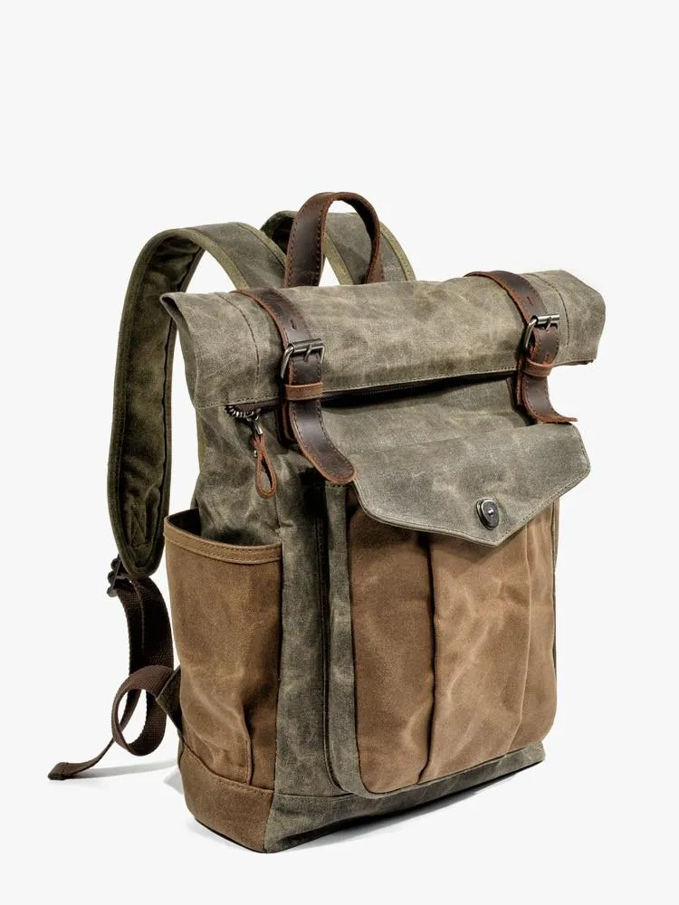 Oil Waxed Vintage Canvas and Genuine Leather Waterproof Travel Backpack