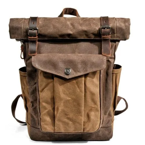 Oil Waxed Vintage Canvas and Genuine Leather Waterproof Travel Backpack