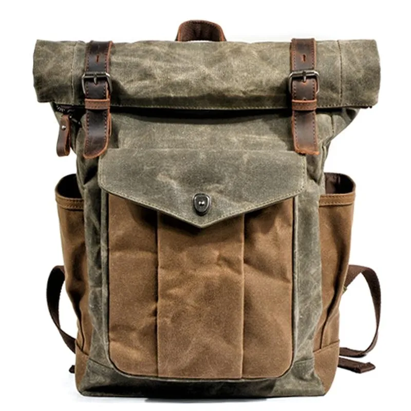 Oil Waxed Vintage Canvas and Genuine Leather Waterproof Travel Backpack