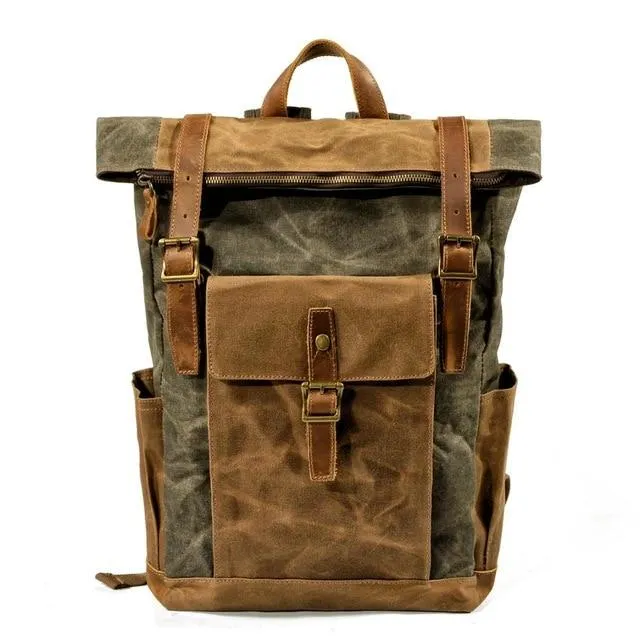 Oil Waxed Vintage Canvas and Genuine Leather Waterproof Travel Backpack