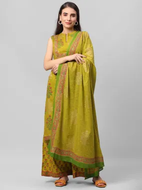 Olive Green Floral Printed Kurta Palazzo Dupatta