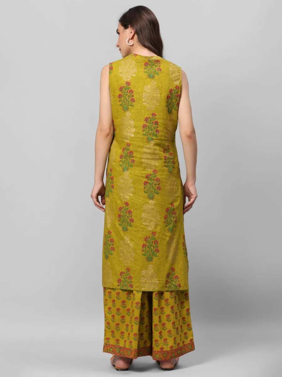 Olive Green Floral Printed Kurta Palazzo Dupatta