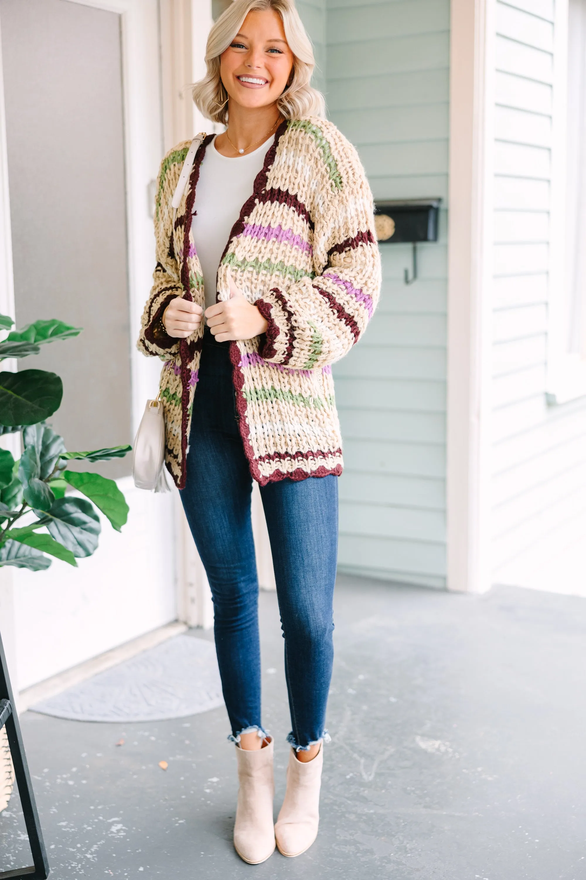 Open To Love Taupe Brown Striped Cardigan