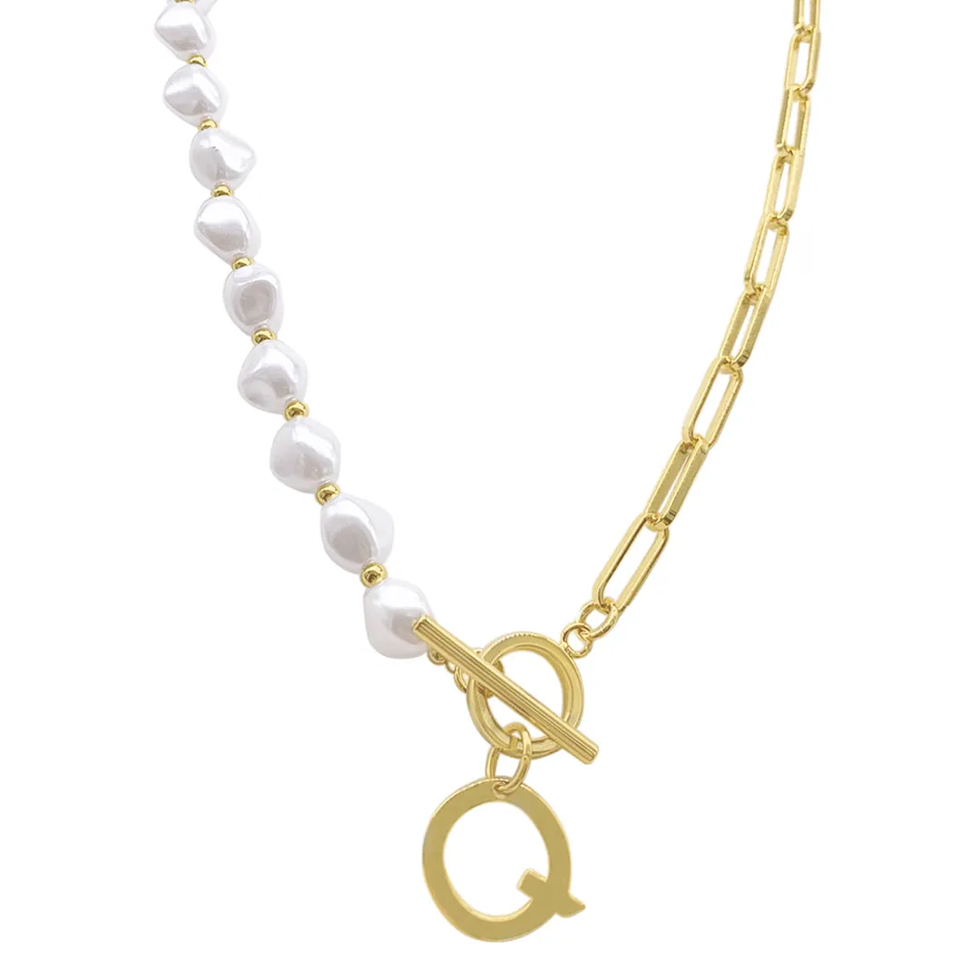 Pearl and Paperclip Chain Initial Toggle Necklace gold