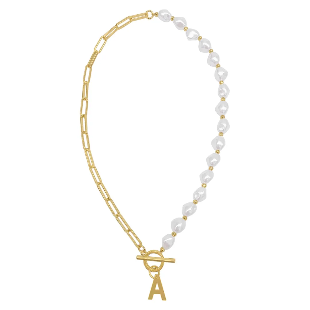 Pearl and Paperclip Chain Initial Toggle Necklace gold