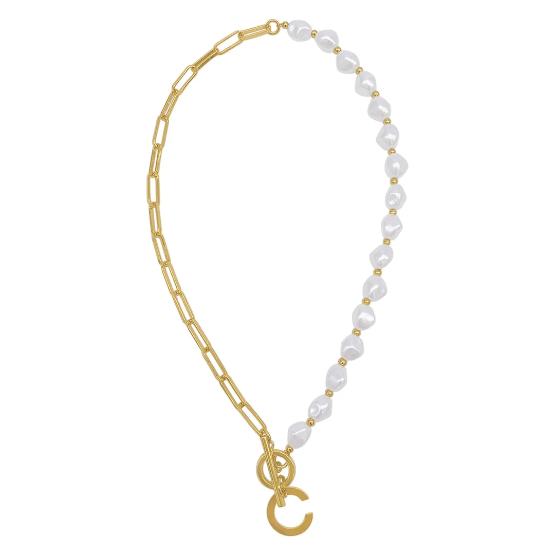 Pearl and Paperclip Chain Initial Toggle Necklace gold