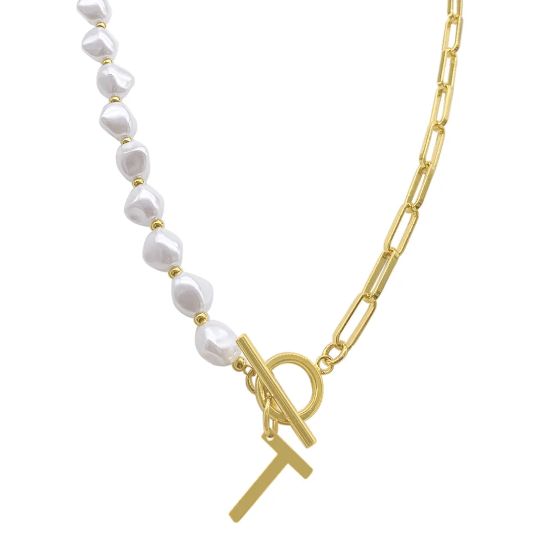 Pearl and Paperclip Chain Initial Toggle Necklace gold