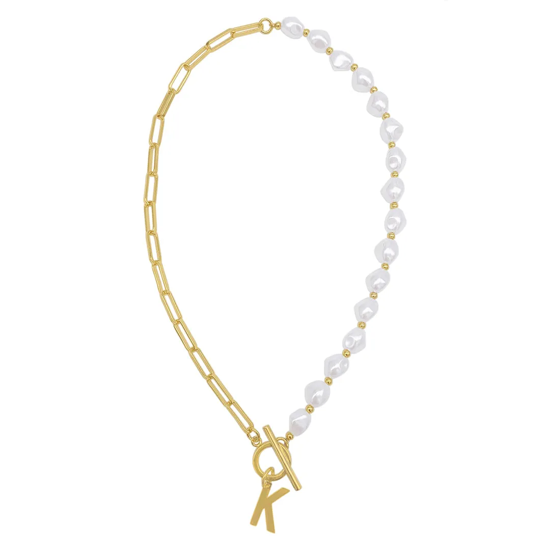 Pearl and Paperclip Chain Initial Toggle Necklace gold