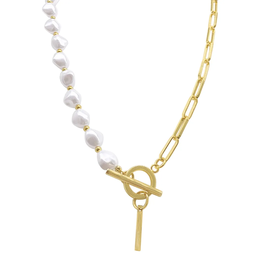 Pearl and Paperclip Chain Initial Toggle Necklace gold