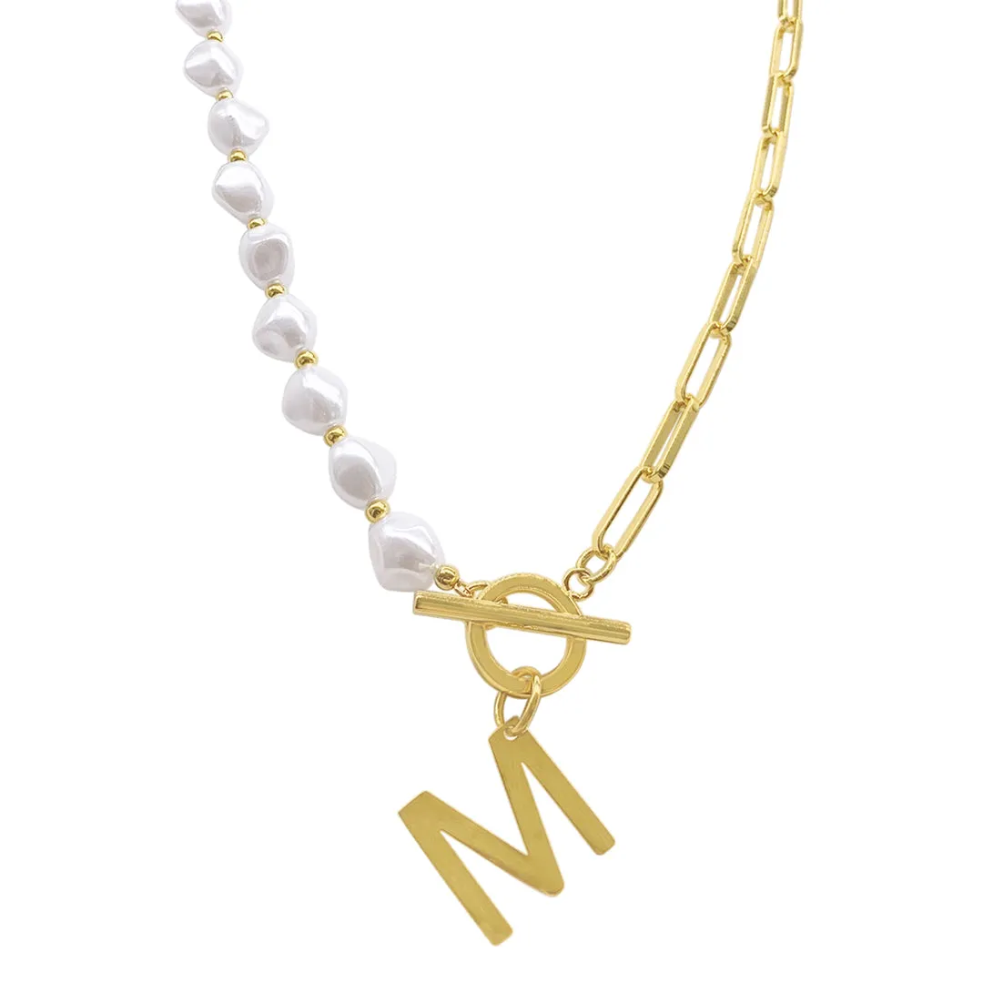 Pearl and Paperclip Chain Initial Toggle Necklace gold