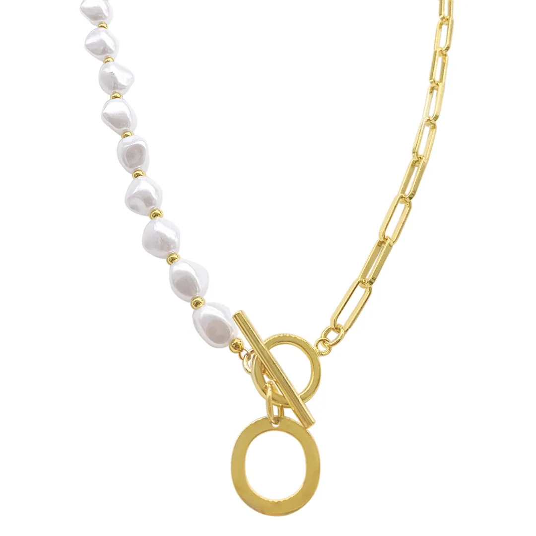 Pearl and Paperclip Chain Initial Toggle Necklace gold