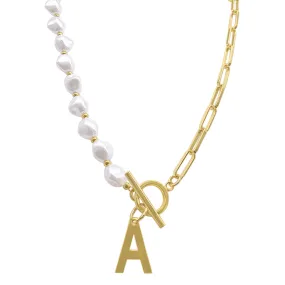 Pearl and Paperclip Chain Initial Toggle Necklace gold