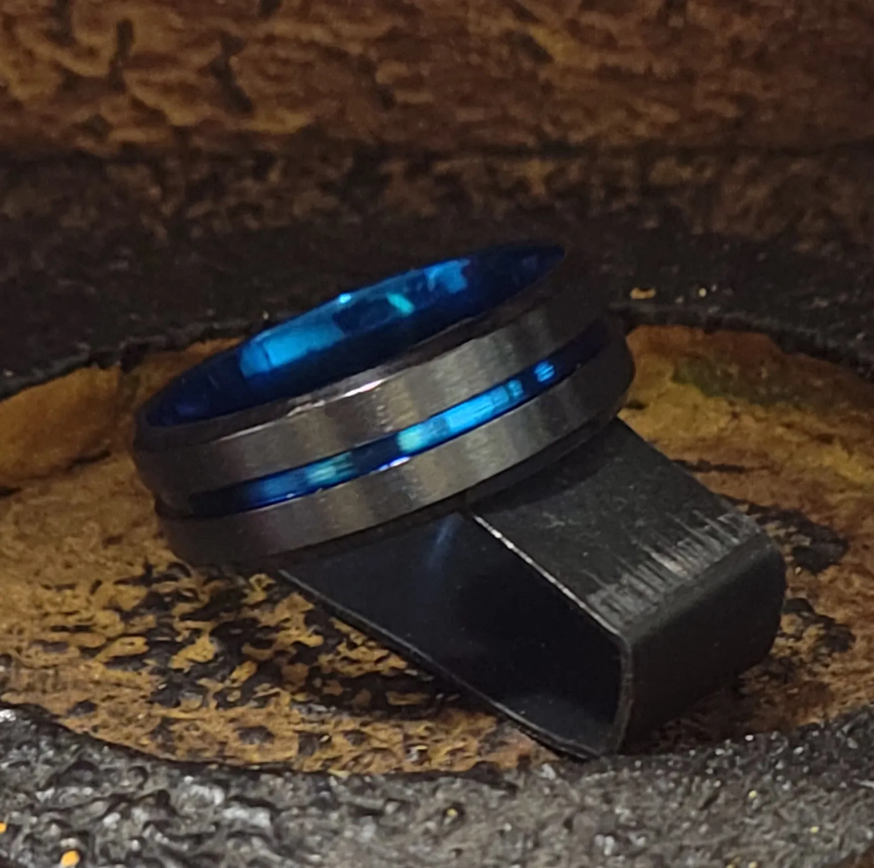 Personalized Men's Wedding Ring Band - Black and Blue Line Groove