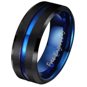 Personalized Men's Wedding Ring Band - Black and Blue Line Groove