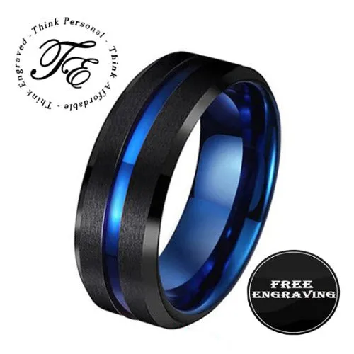 Personalized Men's Wedding Ring Band - Black and Blue Line Groove