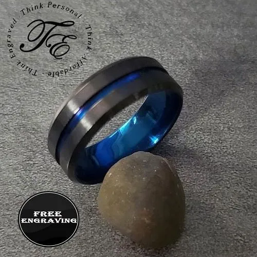 Personalized Men's Wedding Ring Band - Black and Blue Line Groove