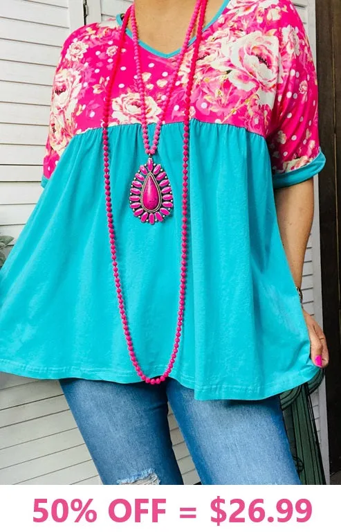 Pink Floral and Turquoise baby doll top