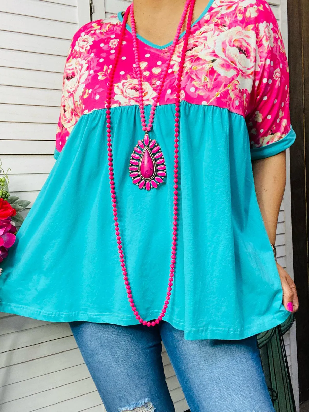 Pink Floral and Turquoise baby doll top