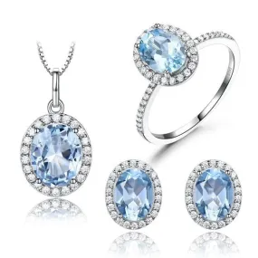 Pink Sapphire or Sky Blue Topaz and Cubic Zirconia 925 Sterling Silver Pendant, Stud Earrings & Ring Jewelry Set