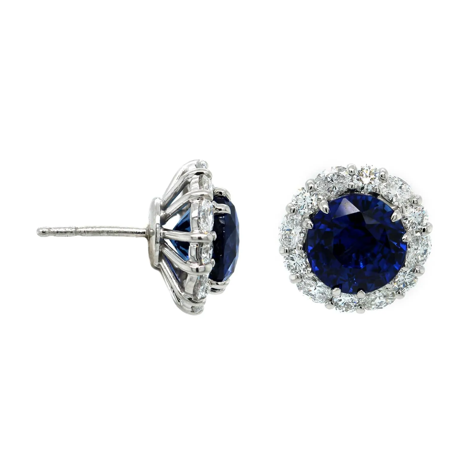 Platinum Blue Sapphire & Diamond Halo Studs