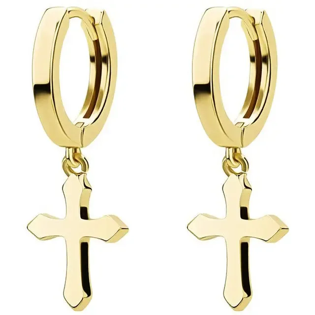 Polished Cross Hoop Earrings in Yellow Gold